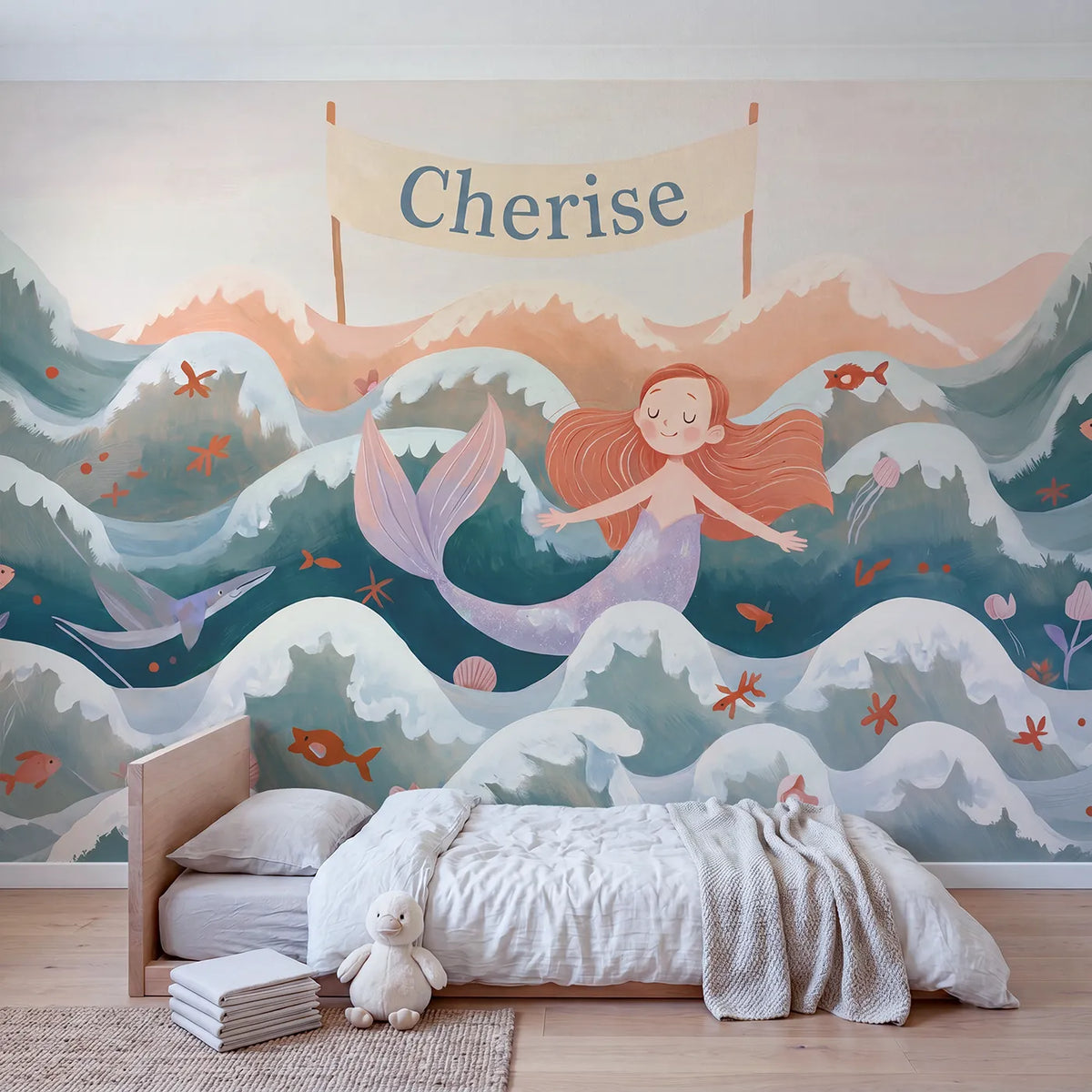 Cheerful Folk Mermaid Personalized Wall Mural in playroom setting by Whimsy Tots