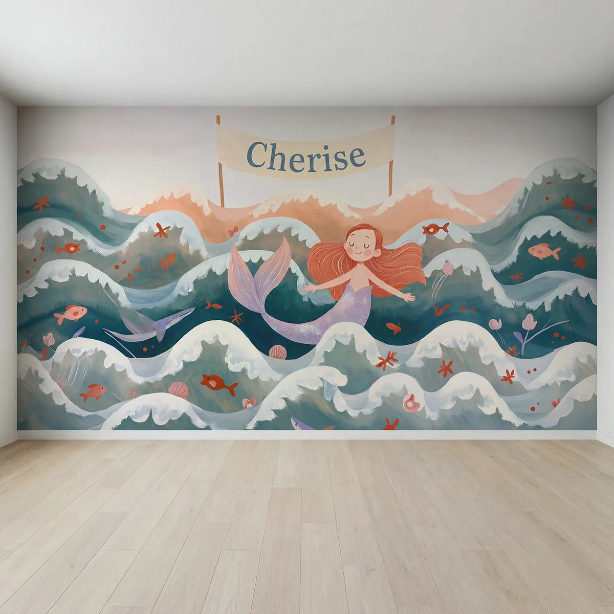 Full view of Cheerful Folk Mermaid Personalized Wall Mural by Whimsy Tots