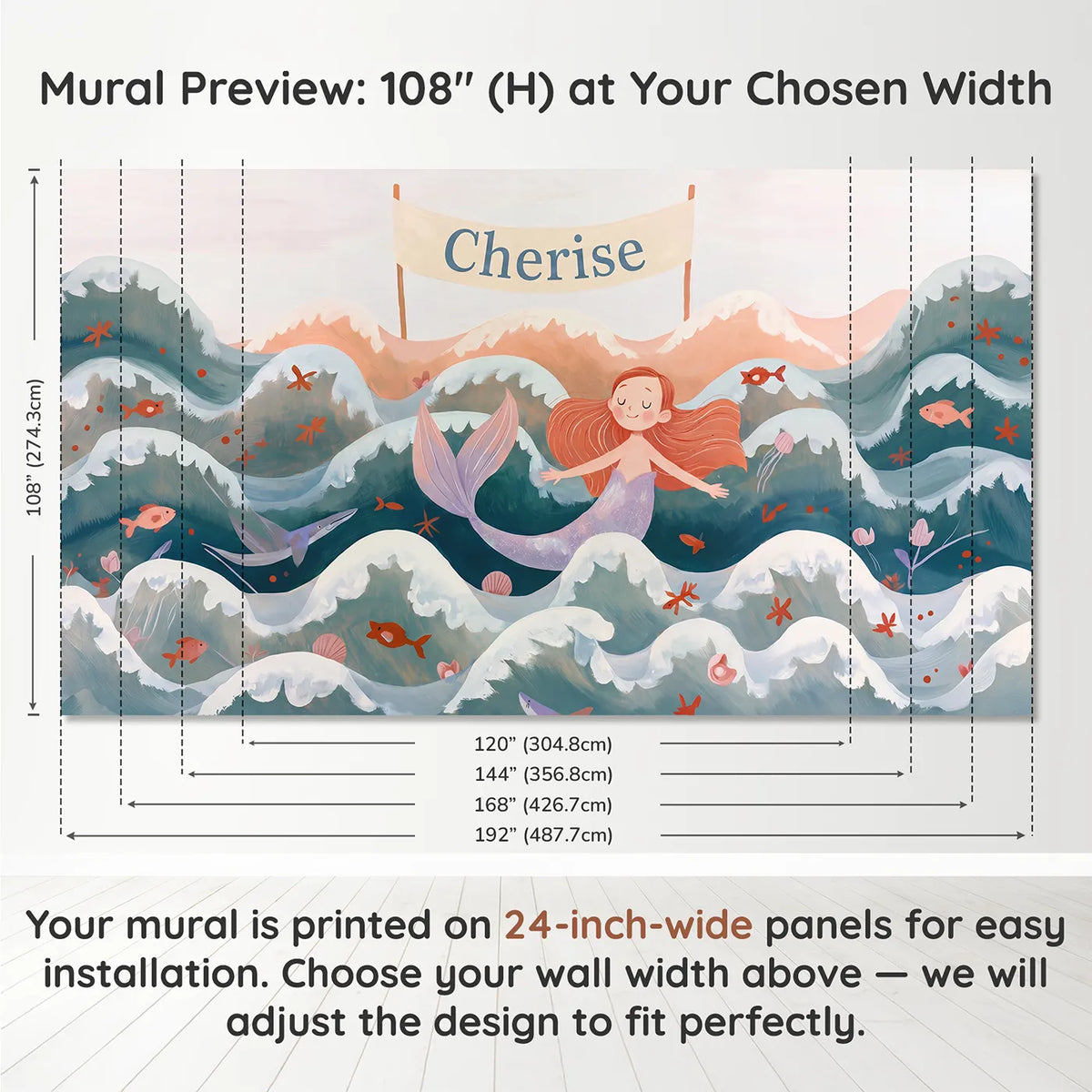 Panel layout and dimensions for Cheerful Folk Mermaid Personalized Wall Mural by Whimsy Tots
