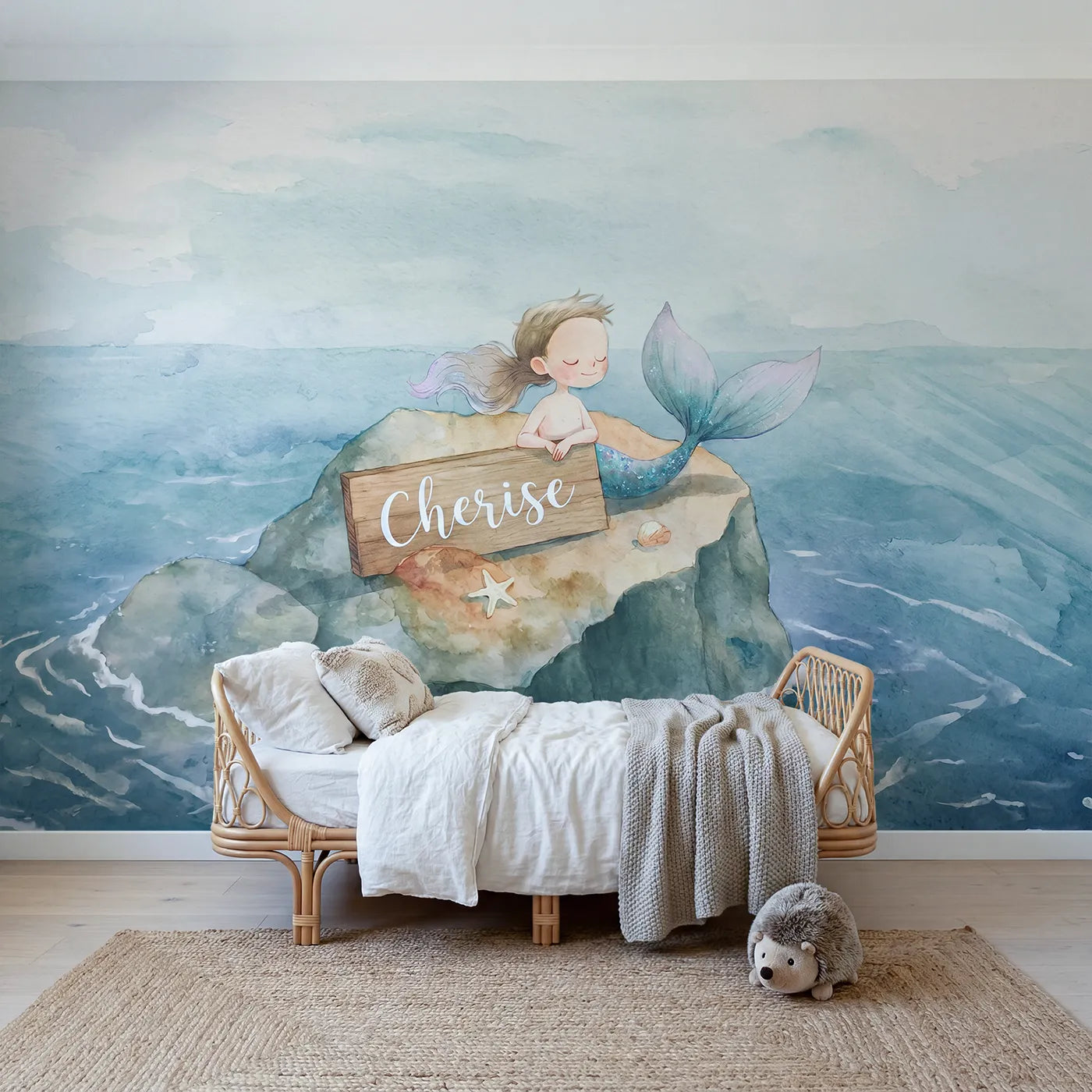 Watercolor dreamy mermaid lagoon personalized wall mural with personalized name for a kids room by Whimsy Tots