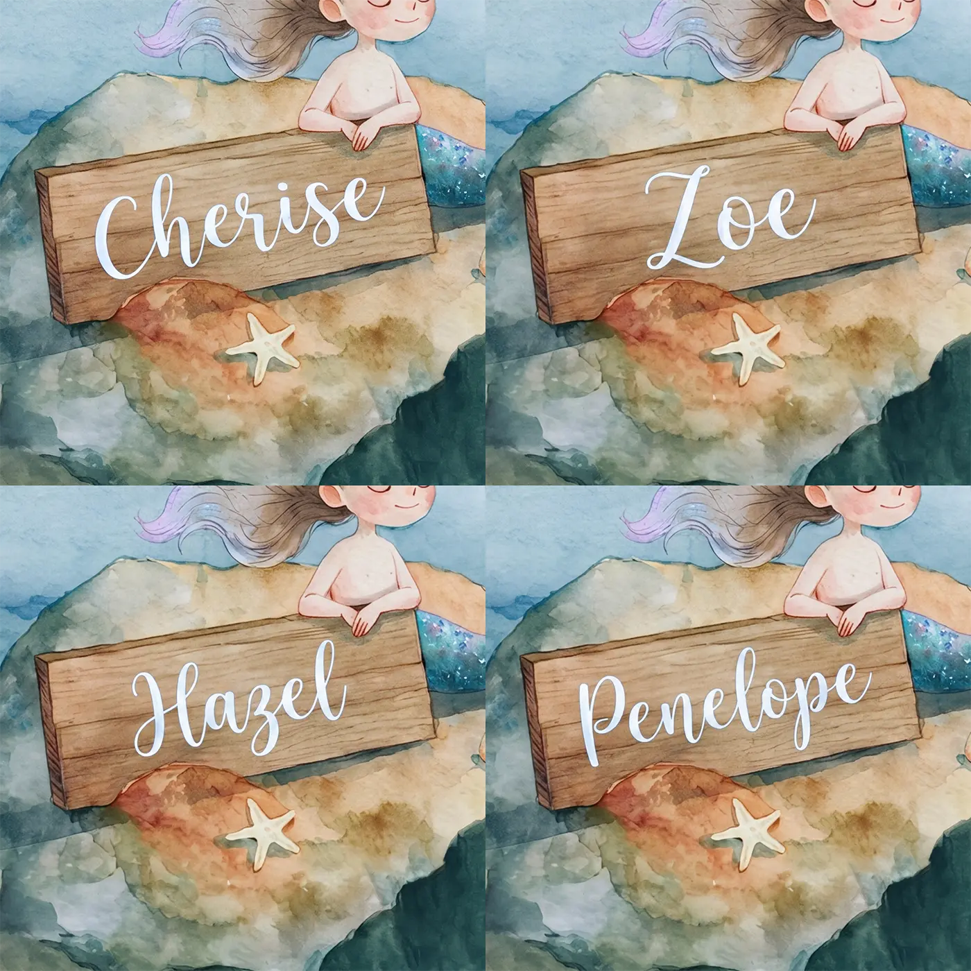 Four name preview examples of Dreamy Mermaid Lagoon Personalized Wall Mural by Whimsy Tots