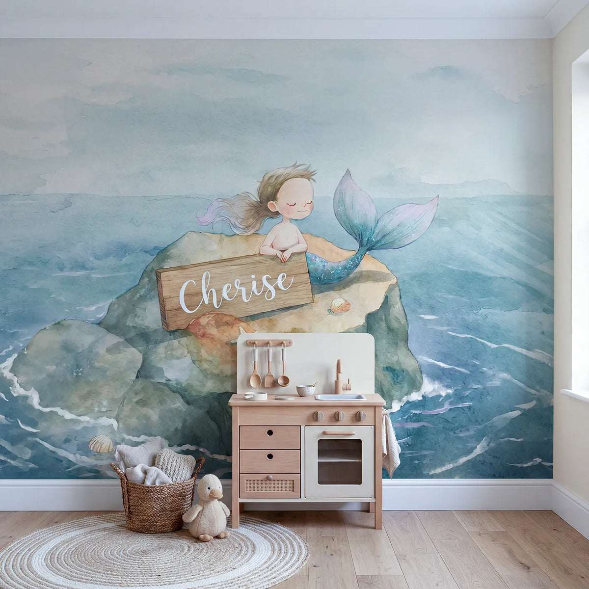 Dreamy Mermaid Lagoon Personalized Wall Mural in playroom setting by Whimsy Tots