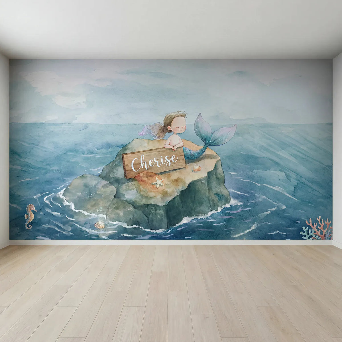 Full view of Dreamy Mermaid Lagoon Personalized Wall Mural by Whimsy Tots