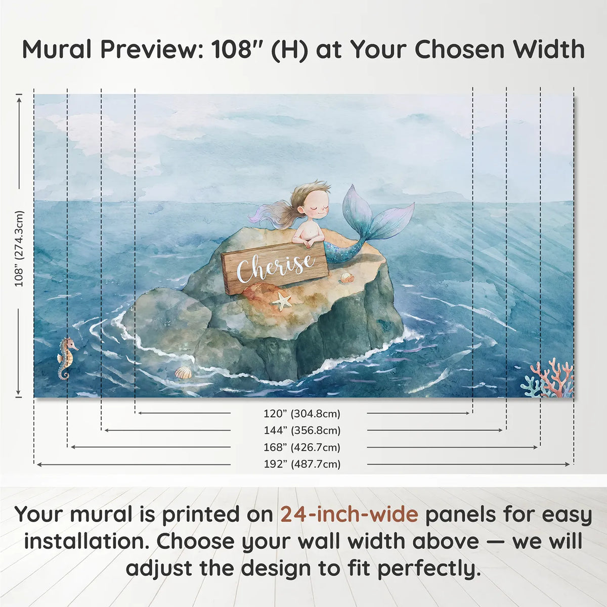 Panel layout and dimensions for Dreamy Mermaid Lagoon Personalized Wall Mural by Whimsy Tots