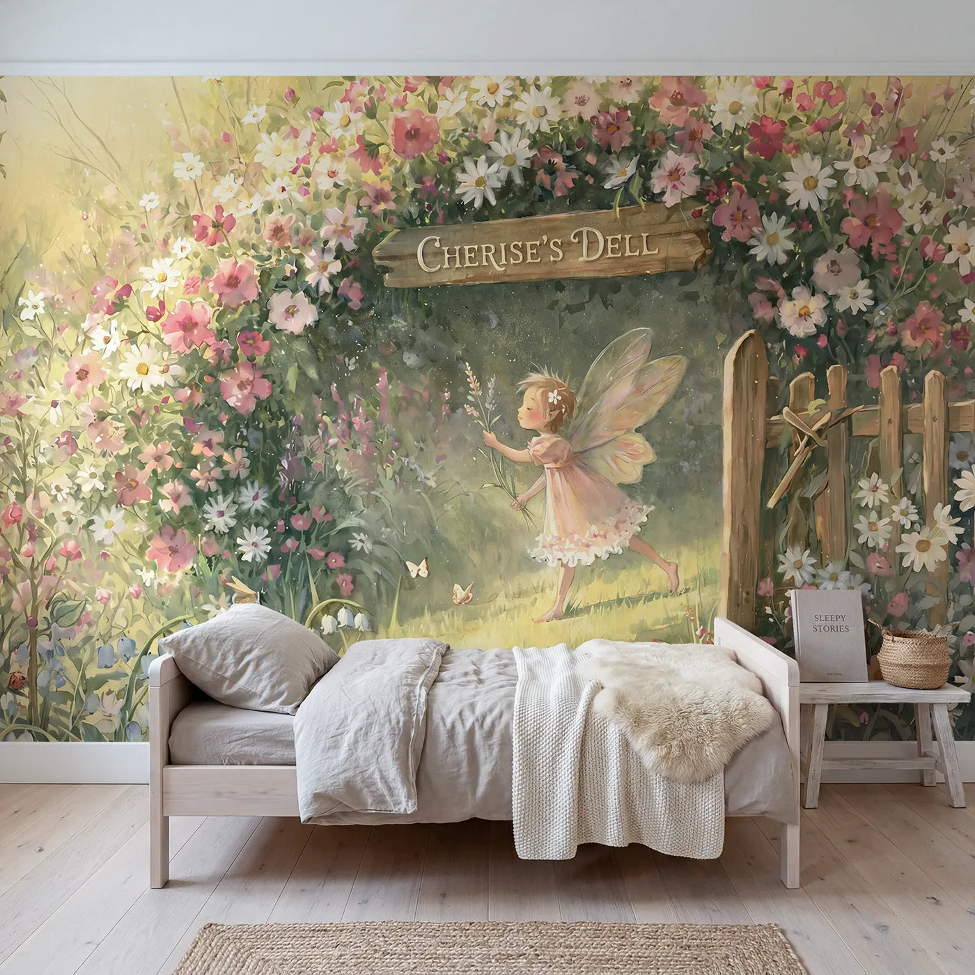 Storybook sweet flower fairy personalized wall mural with personalized name for a kids room by Whimsy Tots