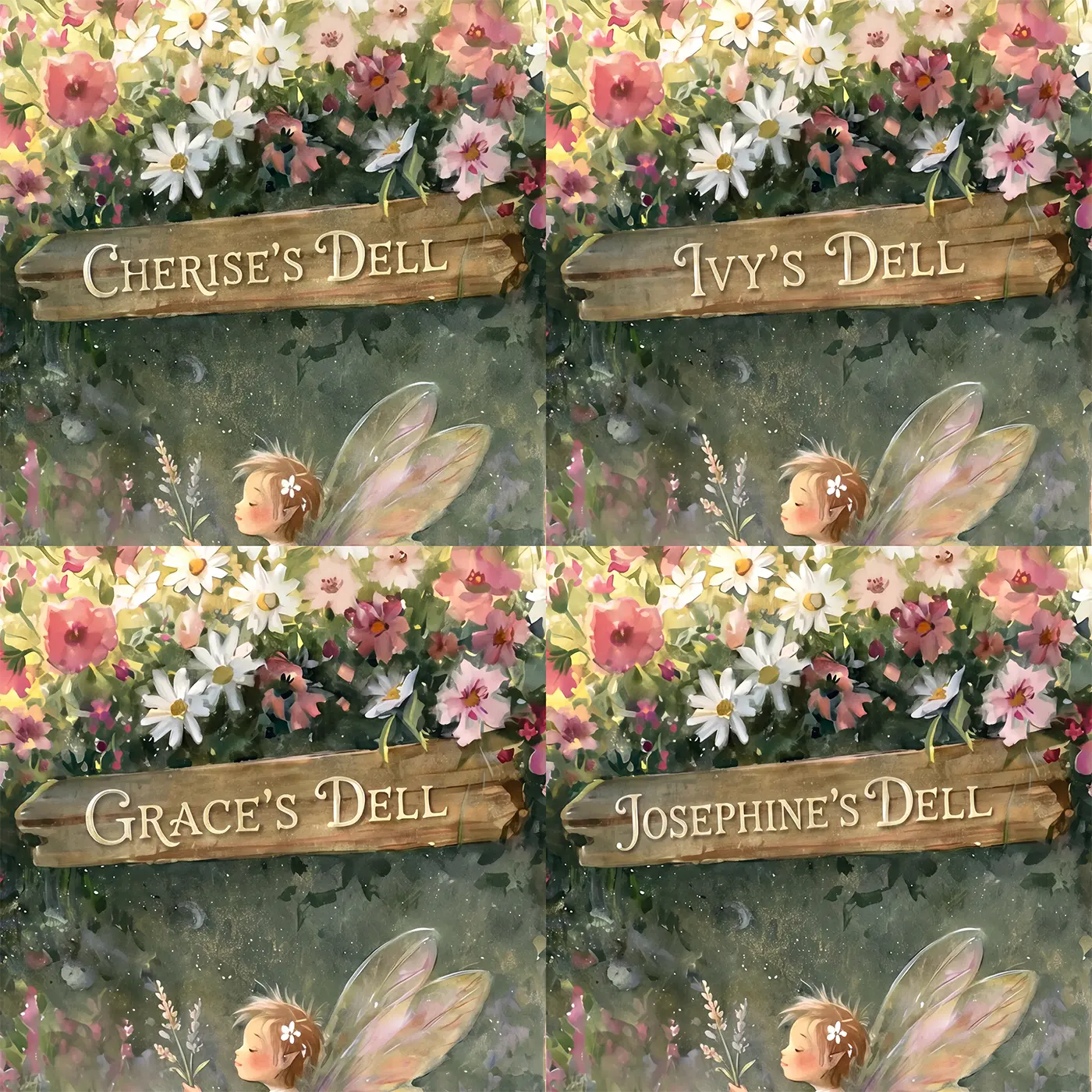Four name preview examples of Sweet Flower Fairy Personalized Wall Mural by Whimsy Tots