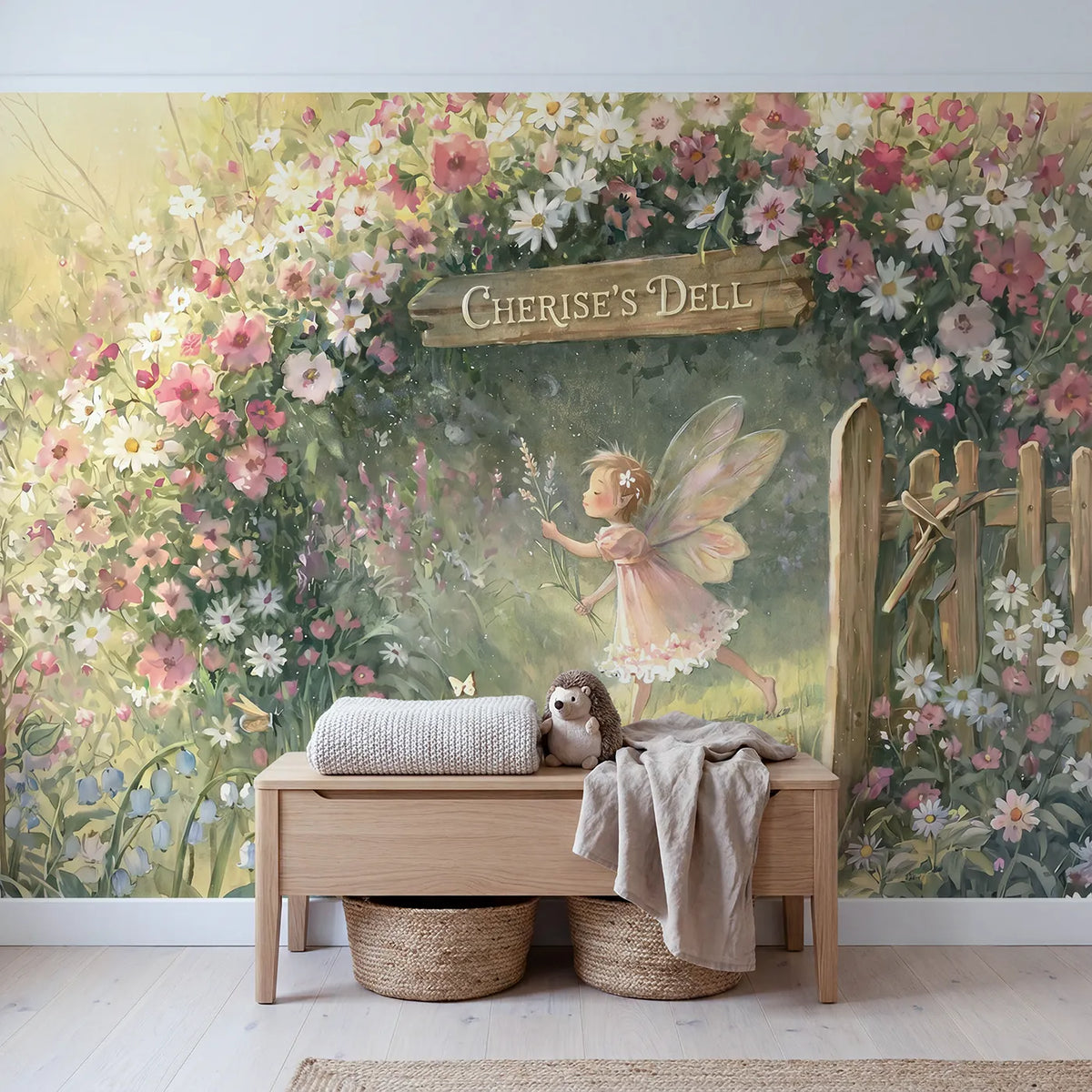 Sweet Flower Fairy Personalized Wall Mural in playroom setting by Whimsy Tots