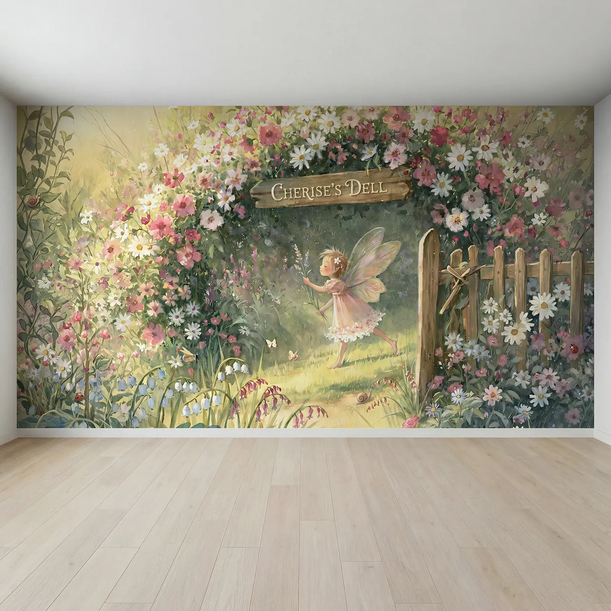 Full view of Sweet Flower Fairy Personalized Wall Mural by Whimsy Tots