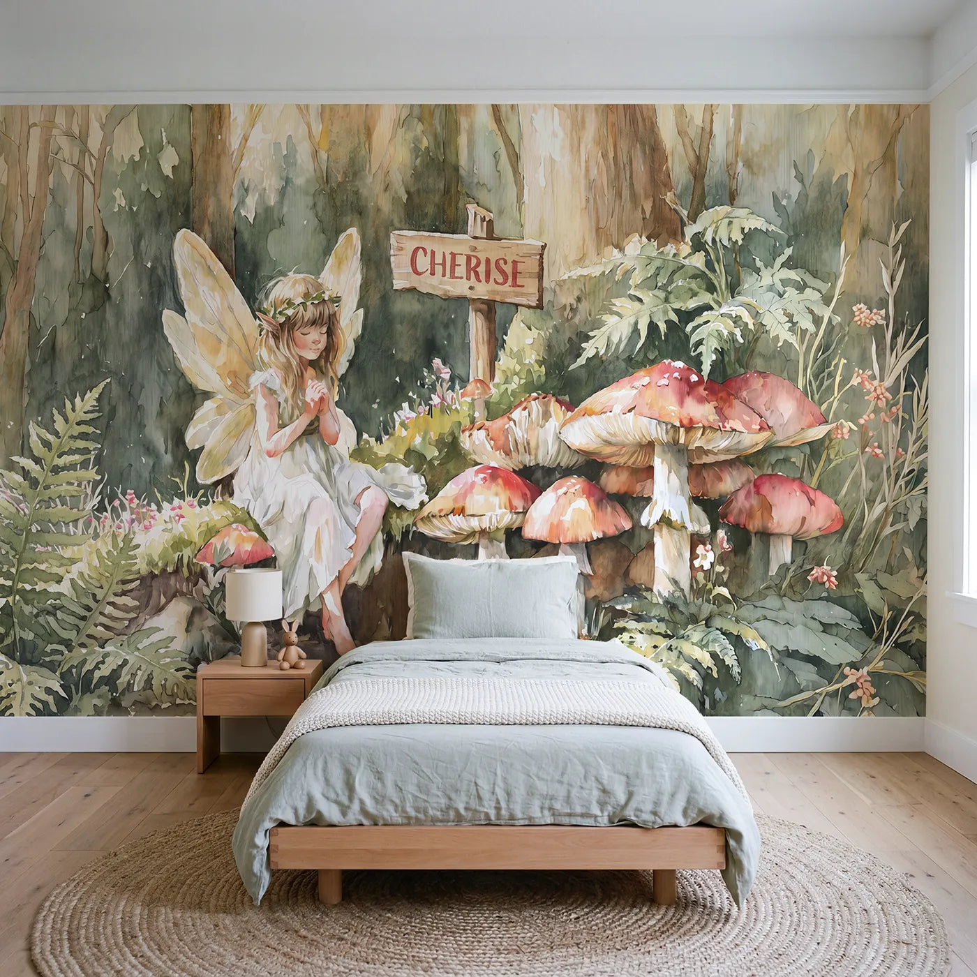 Detailed Watercolor fairy toadstool ring personalized wall mural with personalized name for a kids room by Whimsy Tots