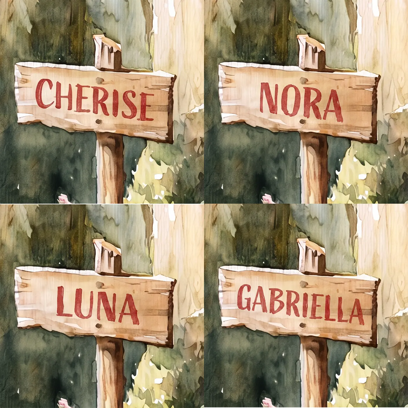 Four name preview examples of Fairy Toadstool Ring Personalized Wall Mural by Whimsy Tots