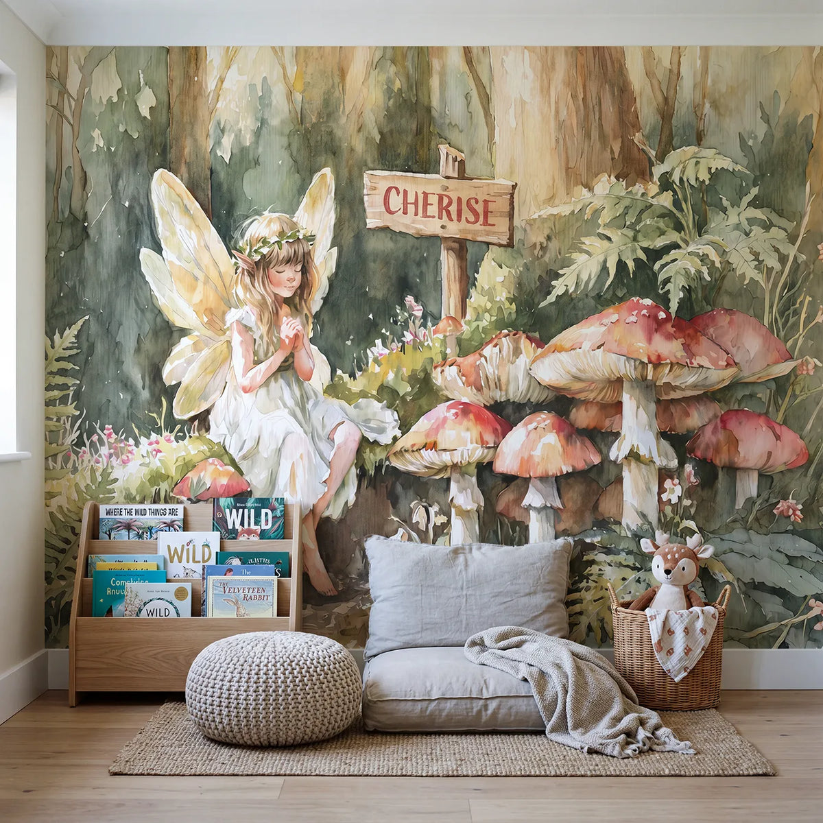 Fairy Toadstool Ring Personalized Wall Mural in playroom setting by Whimsy Tots