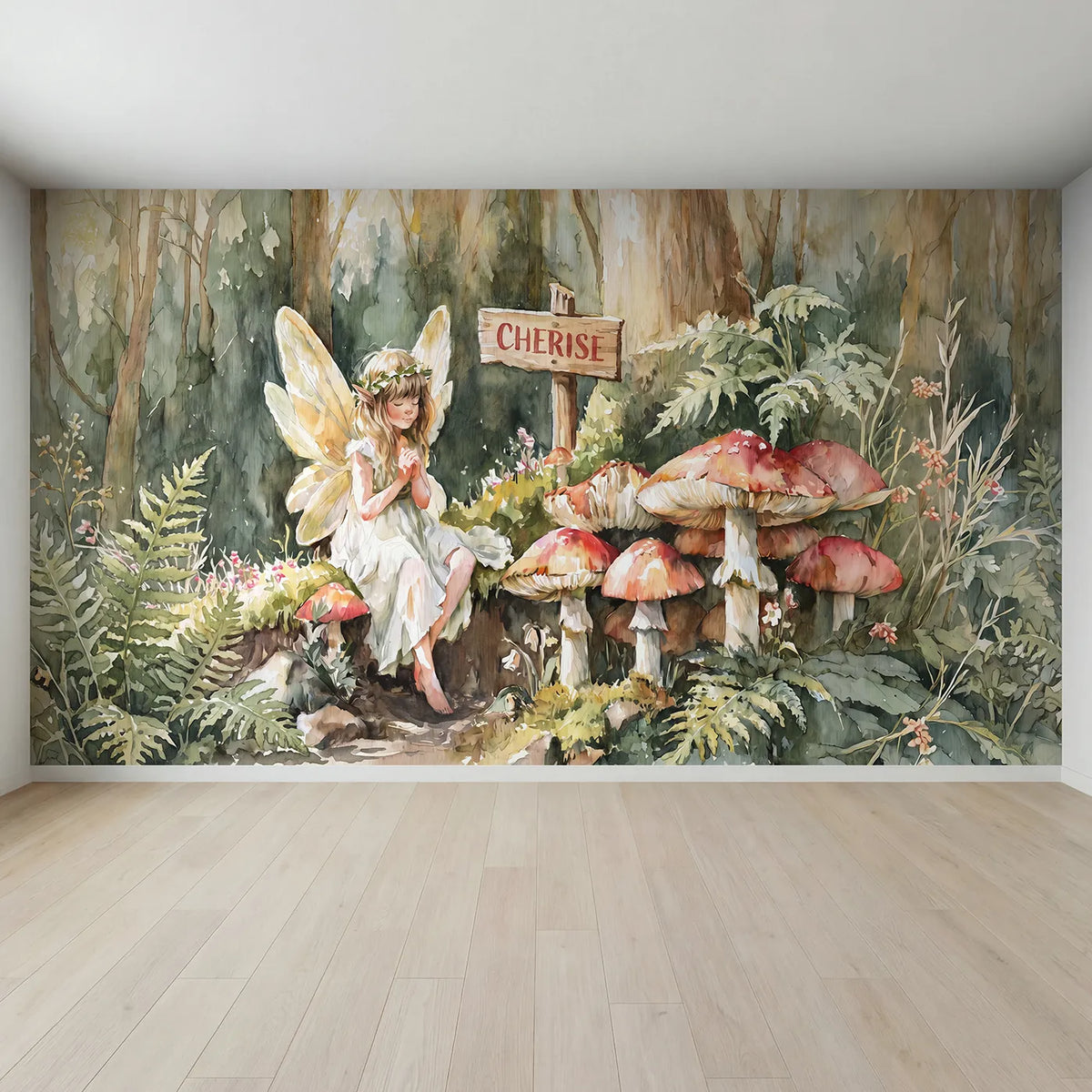 Full view of Fairy Toadstool Ring Personalized Wall Mural by Whimsy Tots