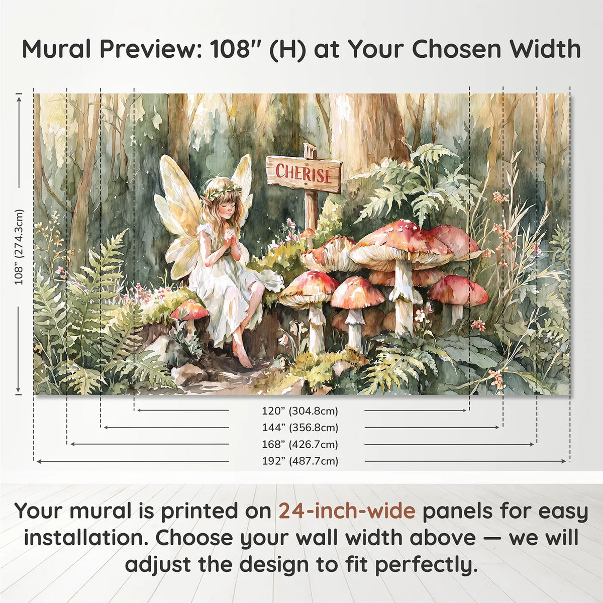 Panel layout and dimensions for Fairy Toadstool Ring Personalized Wall Mural by Whimsy Tots