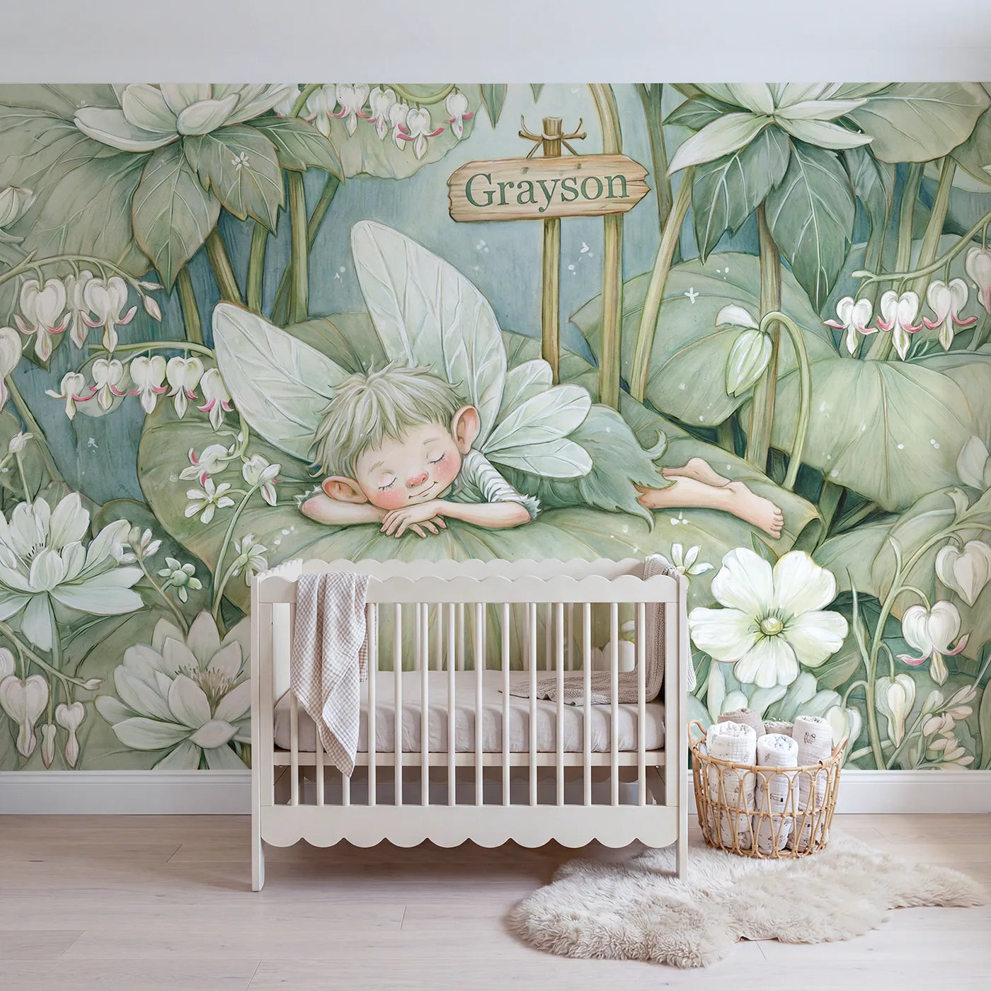 Colored Pencil little leaf fairy personalized wall mural with personalized name for a kids room by Whimsy Tots