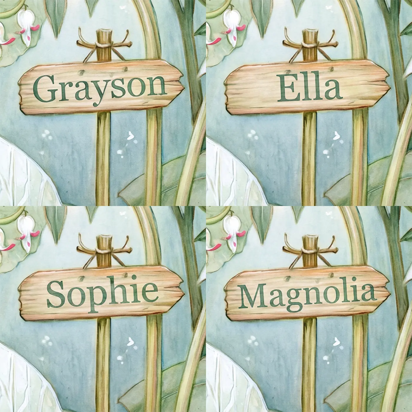 Four name preview examples of Little Leaf Fairy Personalized Wall Mural by Whimsy Tots