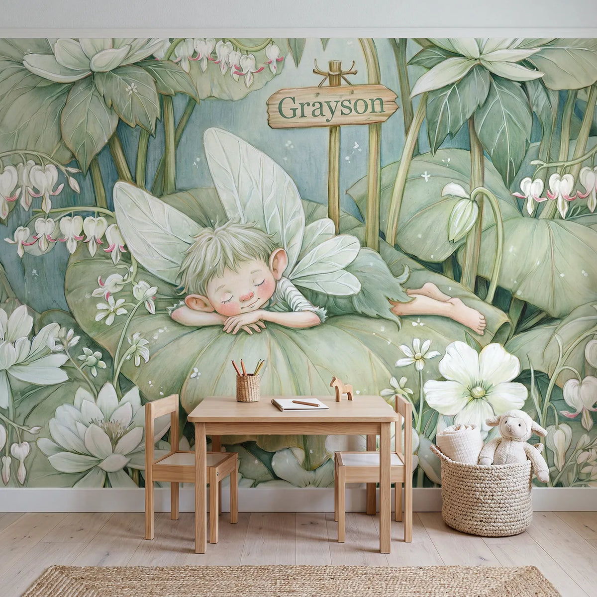 Little Leaf Fairy Personalized Wall Mural in playroom setting by Whimsy Tots