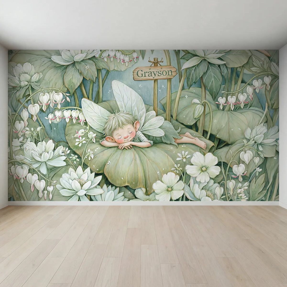 Full view of Little Leaf Fairy Personalized Wall Mural by Whimsy Tots
