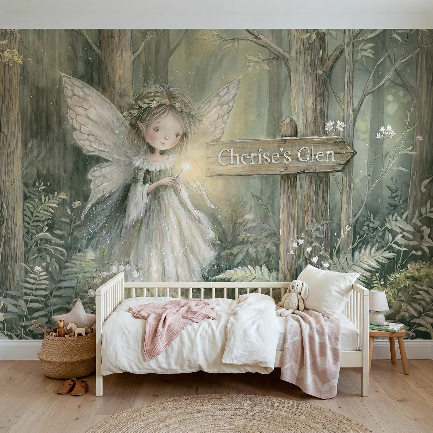 Storybook gentle woodland fairy personalized wall mural with personalized name for a kids room by Whimsy Tots