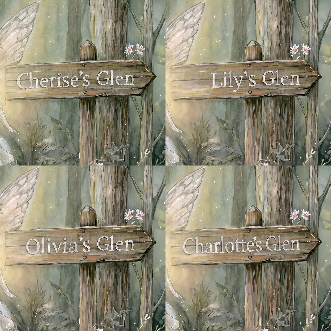Four name preview examples of Gentle Woodland Fairy Personalized Wall Mural by Whimsy Tots
