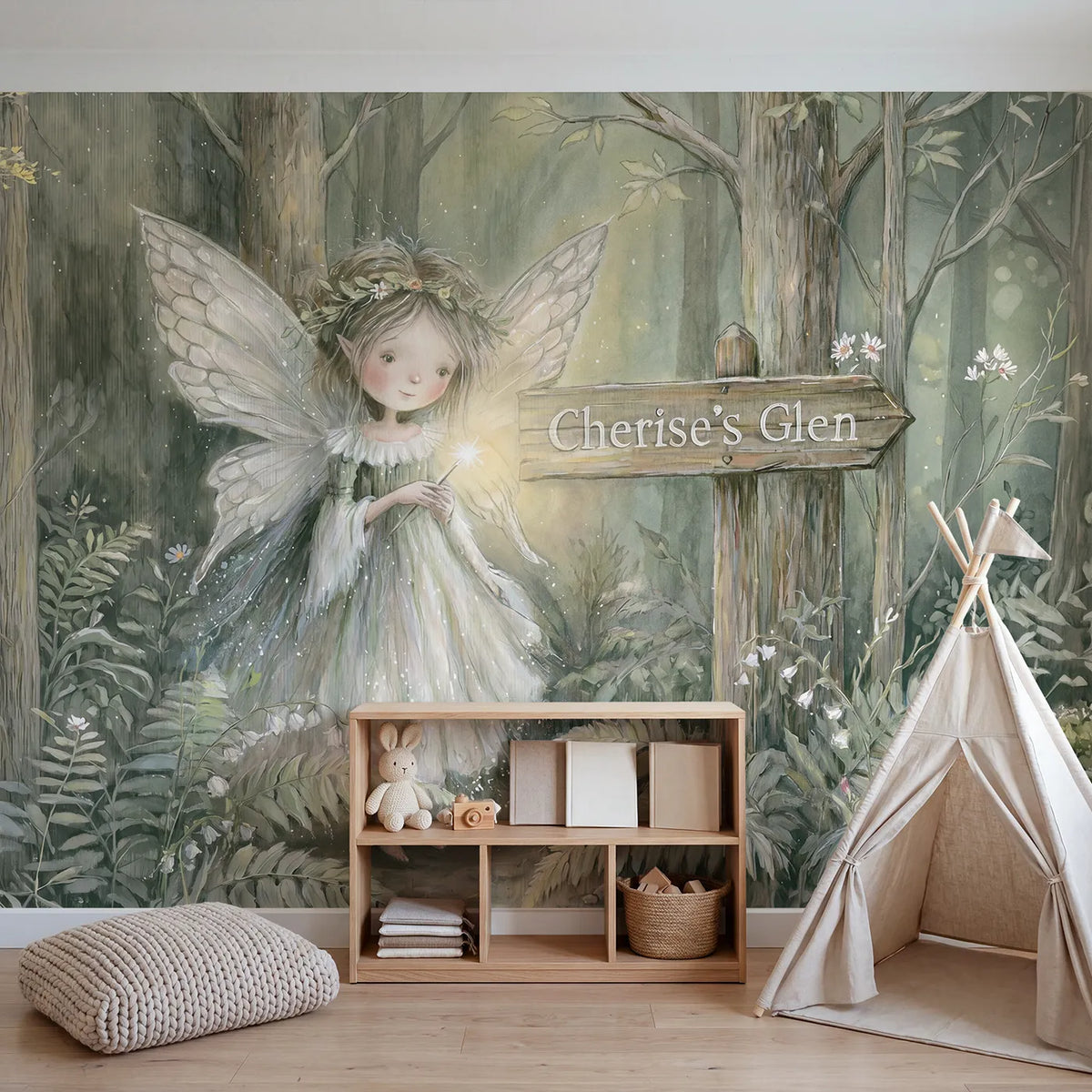 Gentle Woodland Fairy Personalized Wall Mural in playroom setting by Whimsy Tots