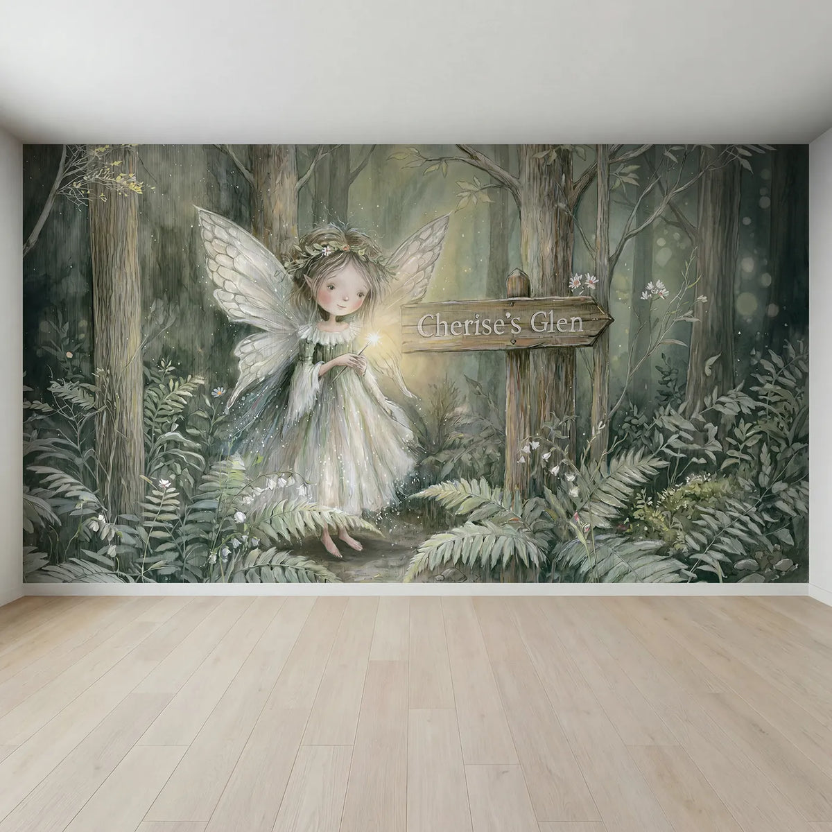 Full view of Gentle Woodland Fairy Personalized Wall Mural by Whimsy Tots