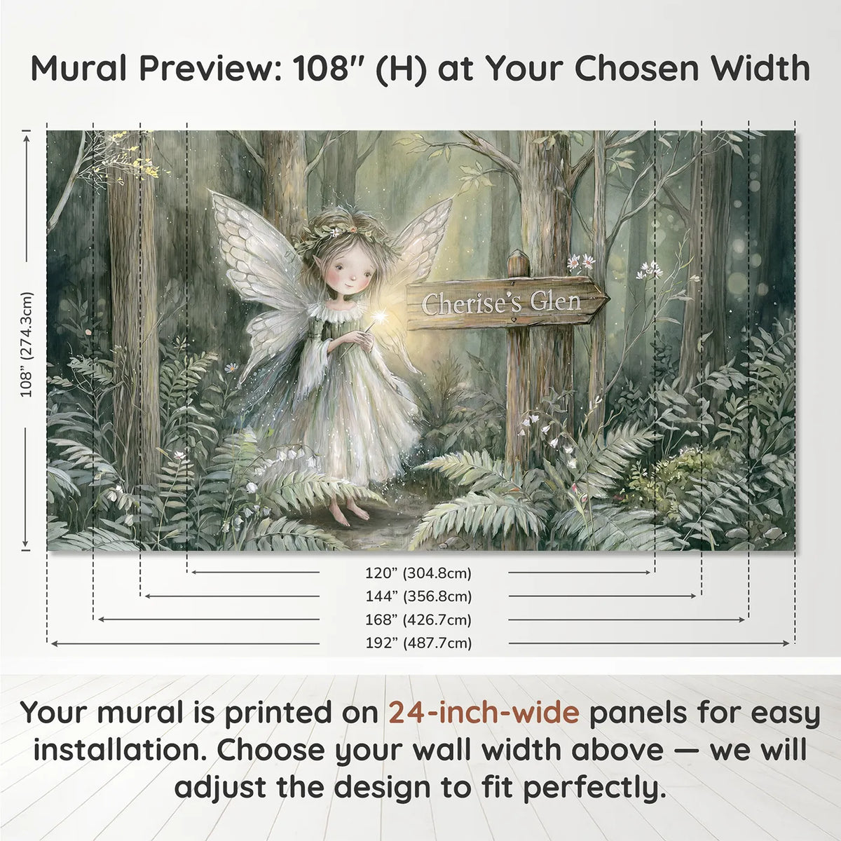 Panel layout and dimensions for Gentle Woodland Fairy Personalized Wall Mural by Whimsy Tots