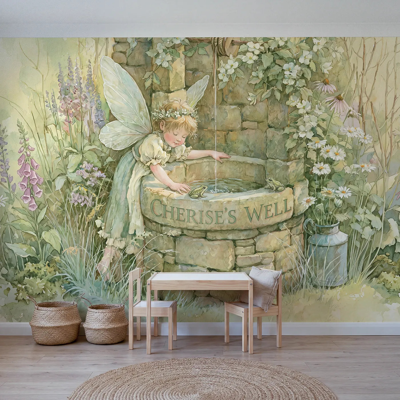 Storybook fairy wishing well personalized wall mural with personalized name for a kids room by Whimsy Tots