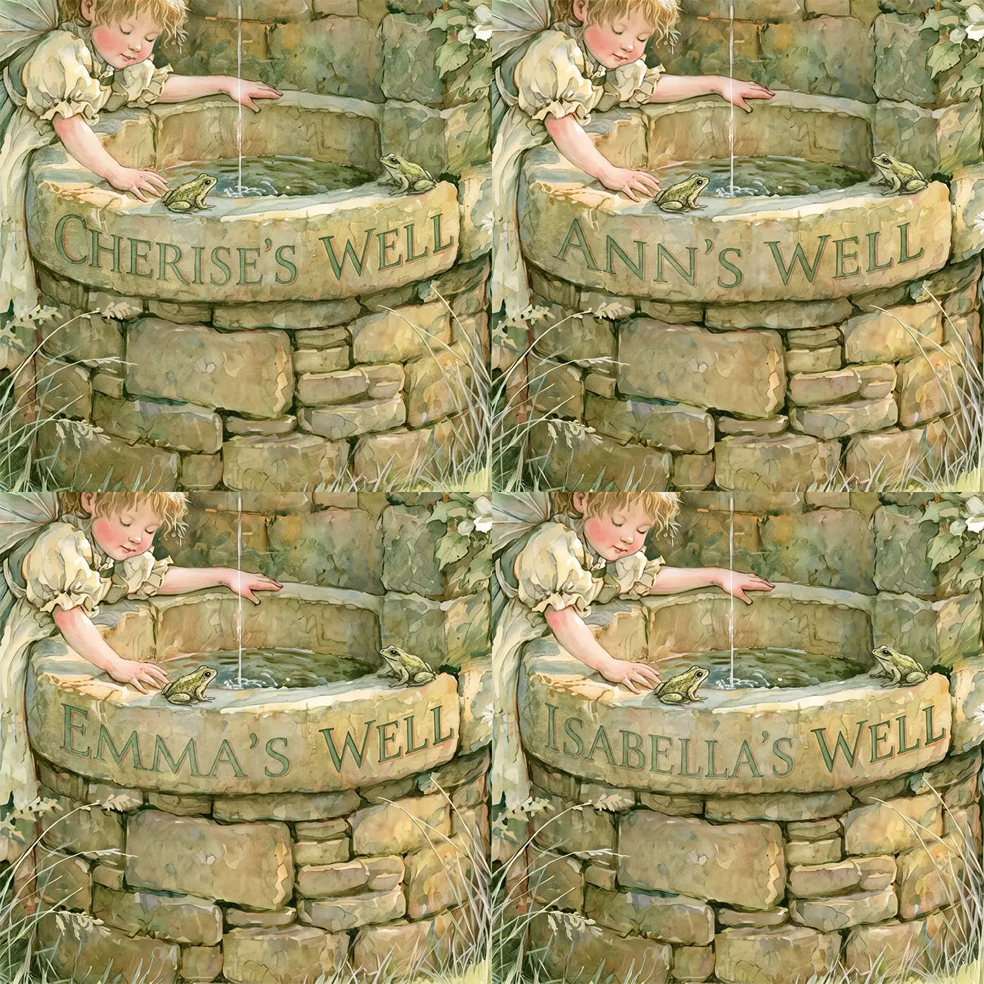 Four name preview examples of Fairy Wishing Well Personalized Wall Mural by Whimsy Tots