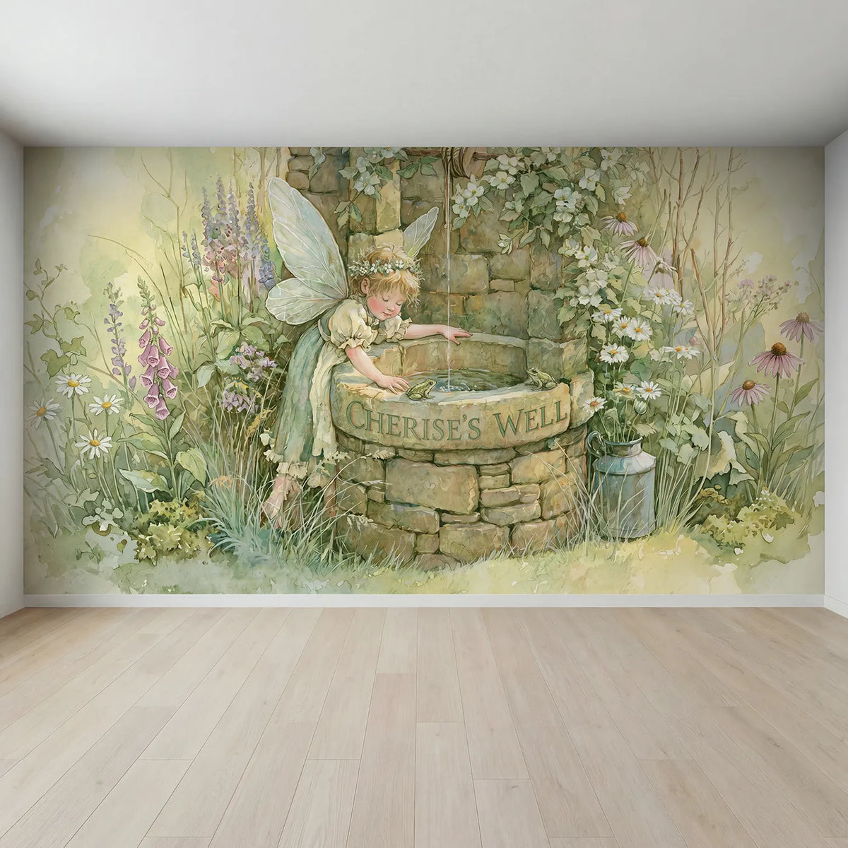 Full view of Fairy Wishing Well Personalized Wall Mural by Whimsy Tots