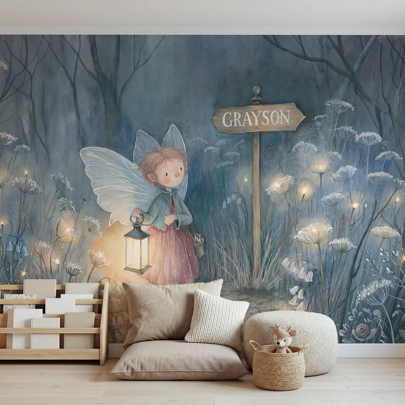 Storybook pixie with a lantern at dusk and a name post, calm bedroom mural by Whimsy Tots