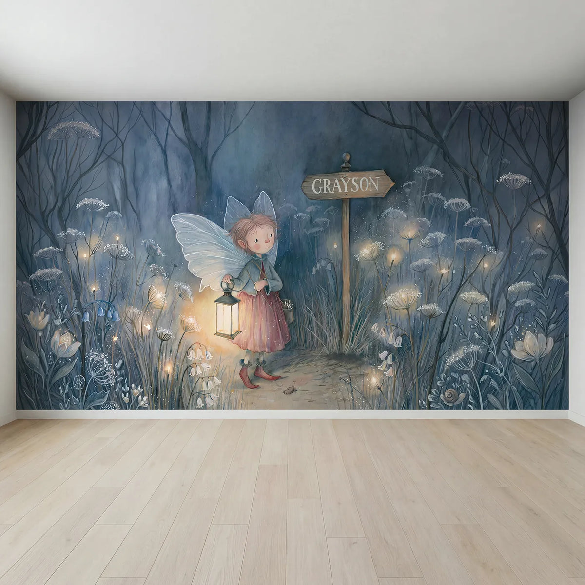 Full view of Twilight Pixie Lantern Personalized Wall Mural by Whimsy Tots