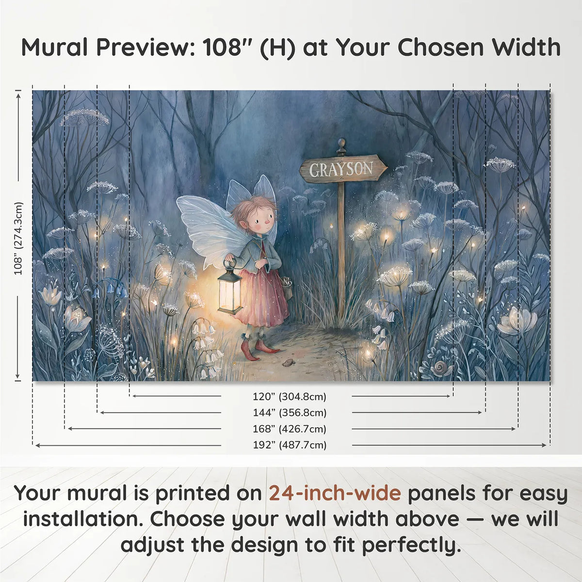 Panel layout and dimensions for Twilight Pixie Lantern Personalized Wall Mural by Whimsy Tots