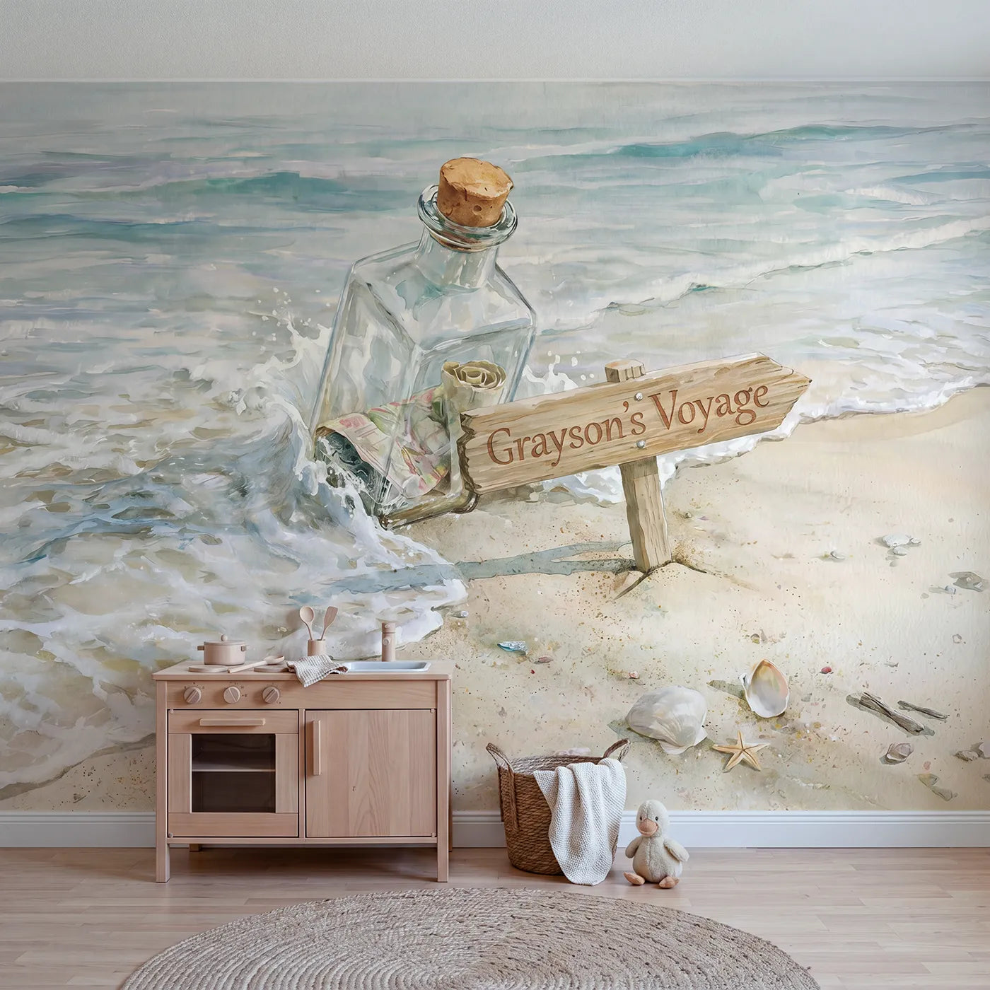 Storybook message bottle on a beach with a voyage name post, renter bedroom mural by Whimsy Tots