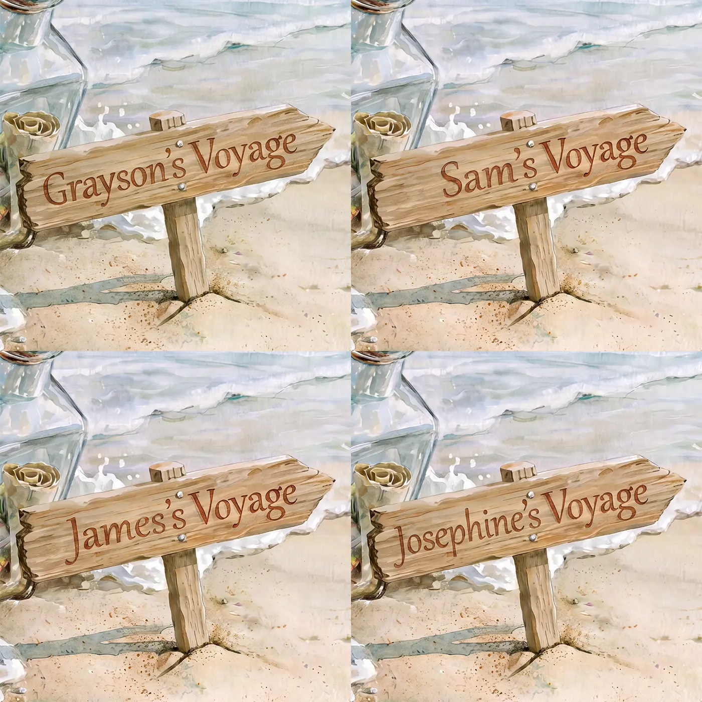 Four name preview examples of Seaside Message Bottle Personalized Wall Mural by Whimsy Tots
