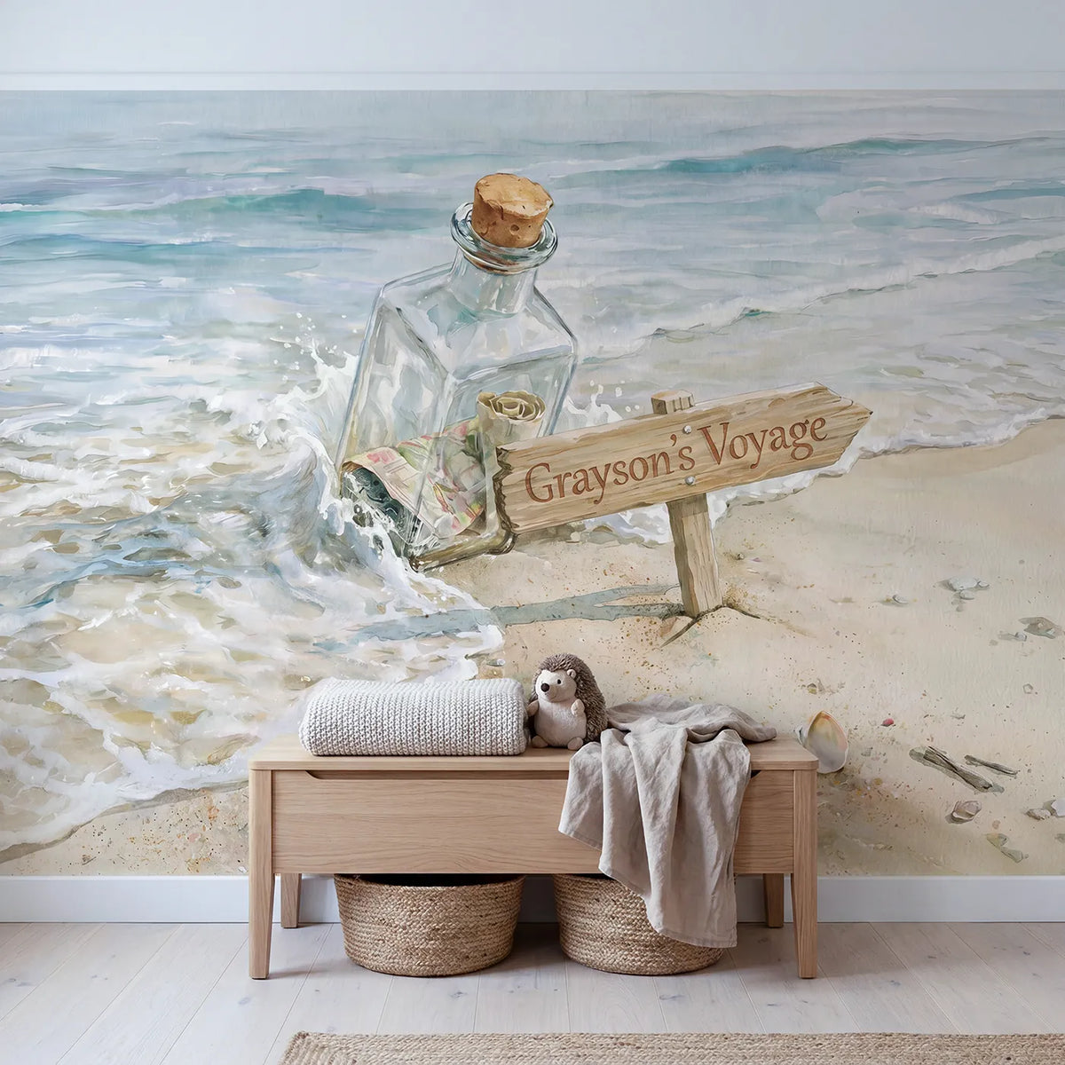 Seaside Message Bottle Personalized Wall Mural in playroom setting by Whimsy Tots