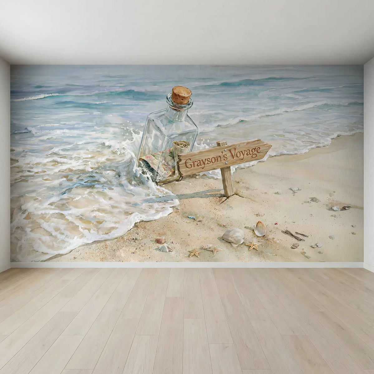 Full view of Seaside Message Bottle Personalized Wall Mural by Whimsy Tots