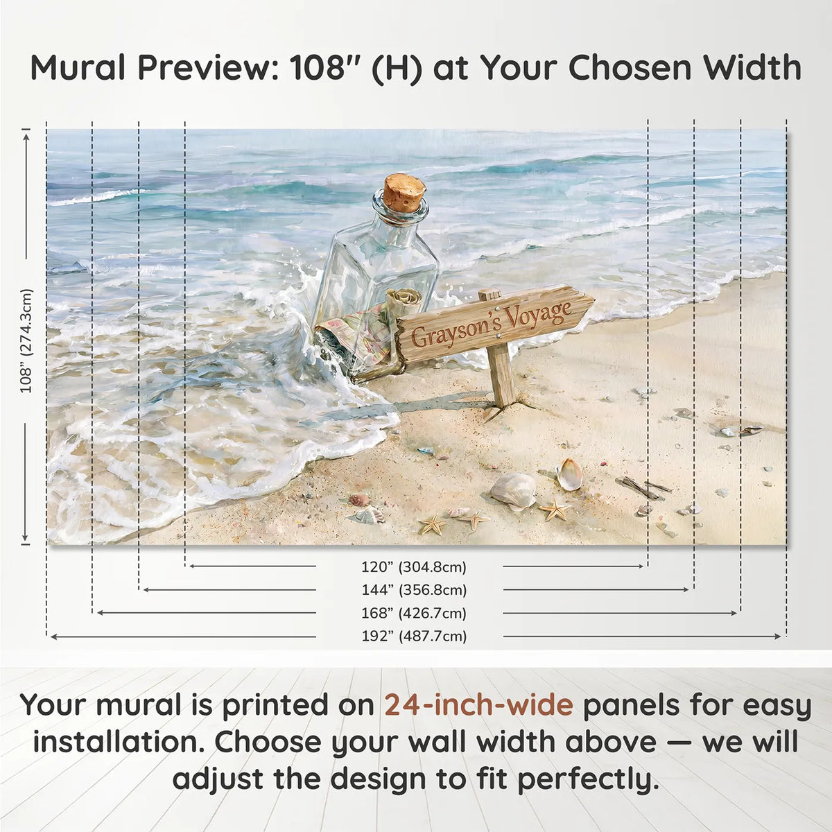 Panel layout and dimensions for Seaside Message Bottle Personalized Wall Mural by Whimsy Tots