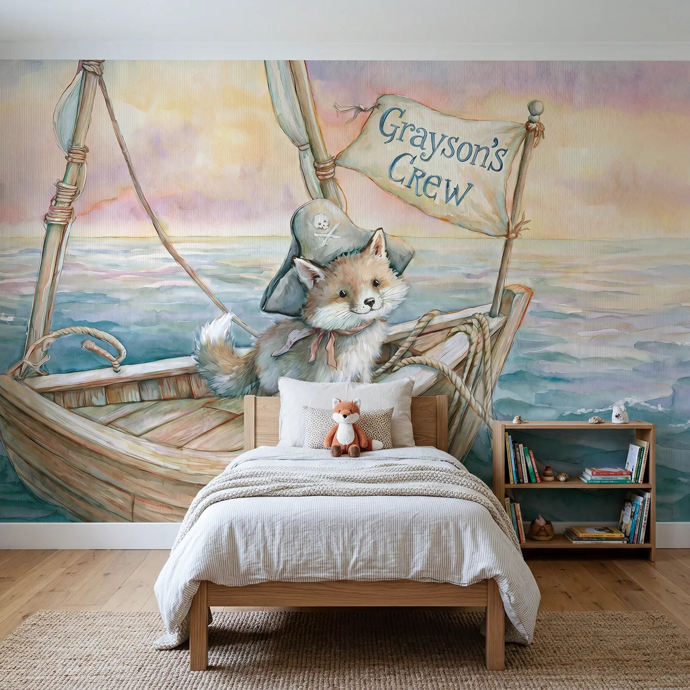 Storybook pirate fox on deck with a crew name flag, shared kids room mural by Whimsy Tots