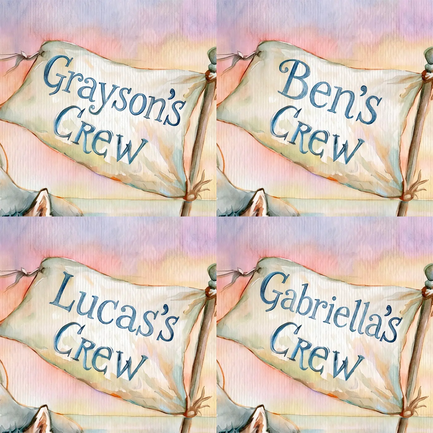 Four name preview examples of Friendly Pirate Fox Personalized Wall Mural by Whimsy Tots