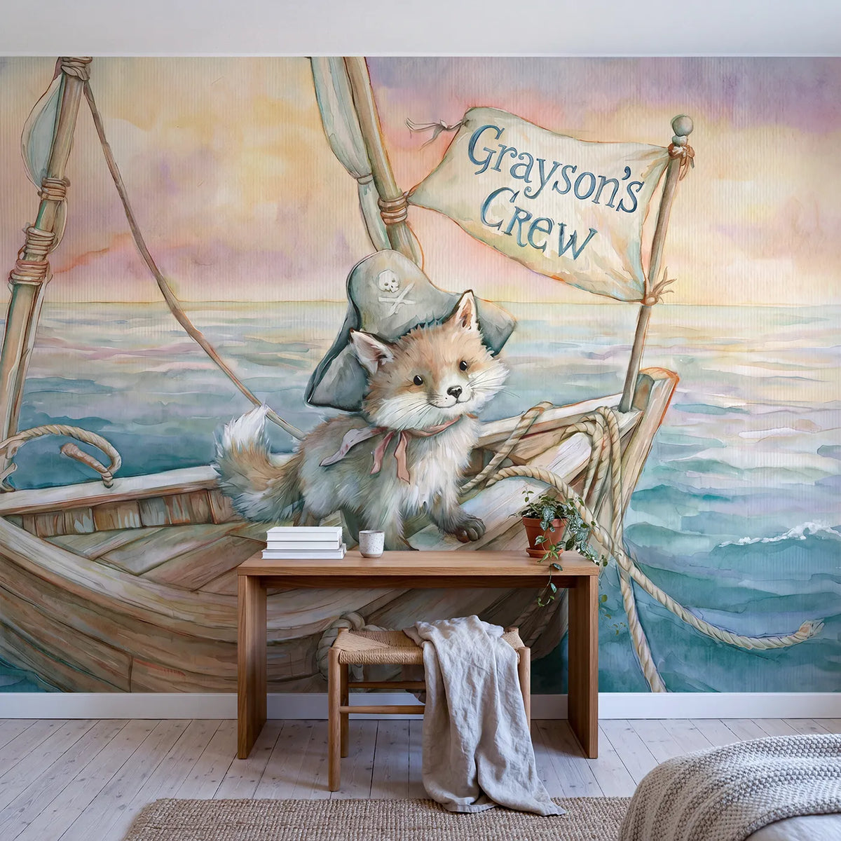 Friendly Pirate Fox Personalized Wall Mural in playroom setting by Whimsy Tots