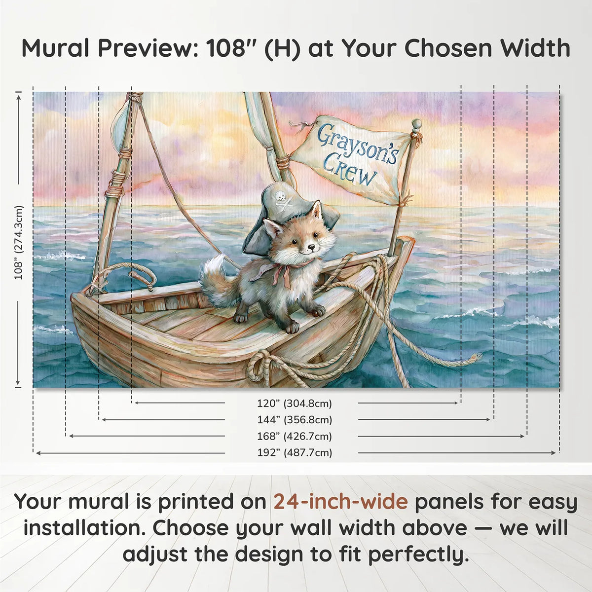 Panel layout and dimensions for Friendly Pirate Fox Personalized Wall Mural by Whimsy Tots