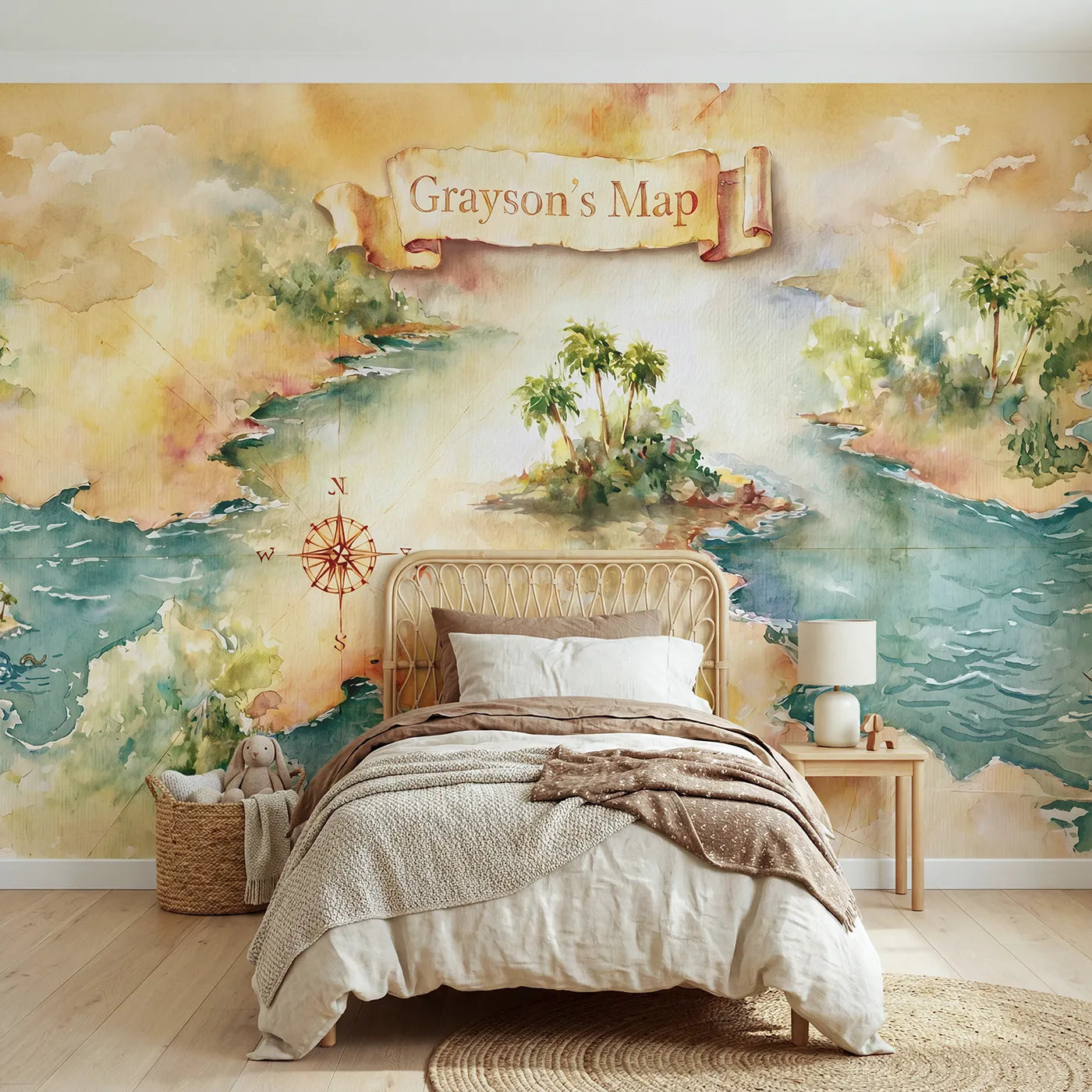 Watercolor treasure map filling the wall with a name scroll, big-kid bedroom mural by Whimsy Tots