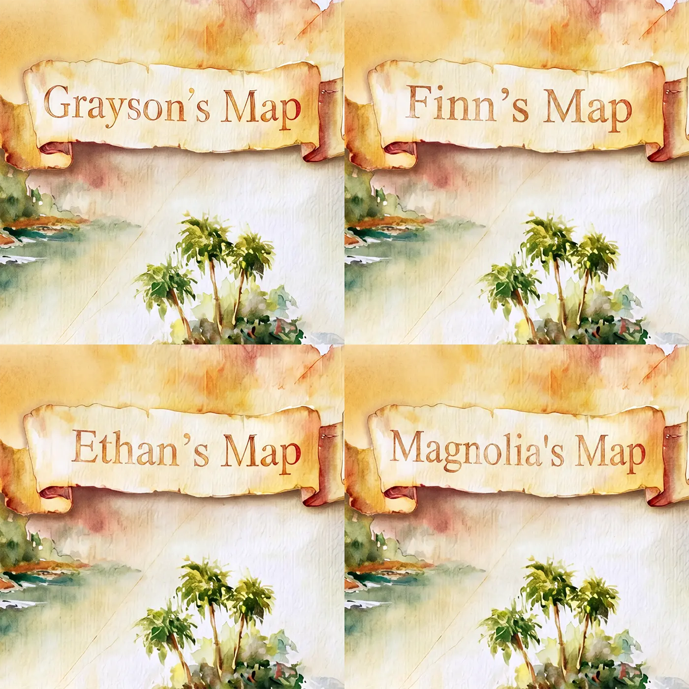 Four name preview examples of Pirate Treasure Map Personalized Wall Mural by Whimsy Tots