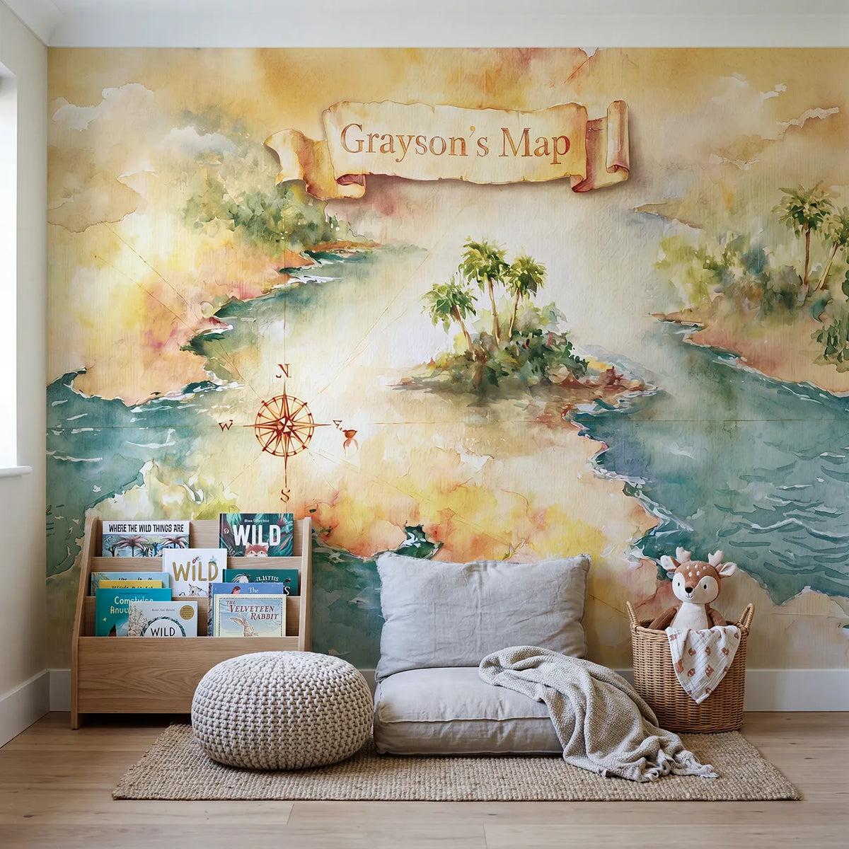 Pirate Treasure Map Personalized Wall Mural in playroom setting by Whimsy Tots