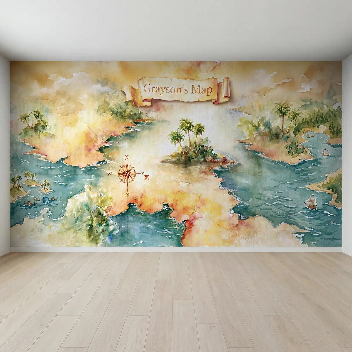 Full view of Pirate Treasure Map Personalized Wall Mural by Whimsy Tots