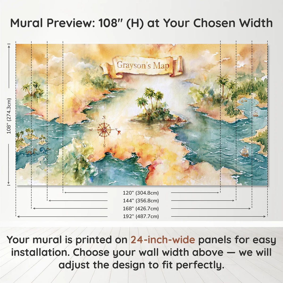 Panel layout and dimensions for Pirate Treasure Map Personalized Wall Mural by Whimsy Tots