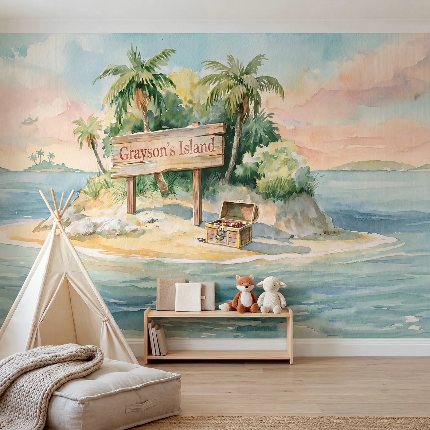 Watercolor treasure island with palms and a name signpost, playroom mural by Whimsy Tots