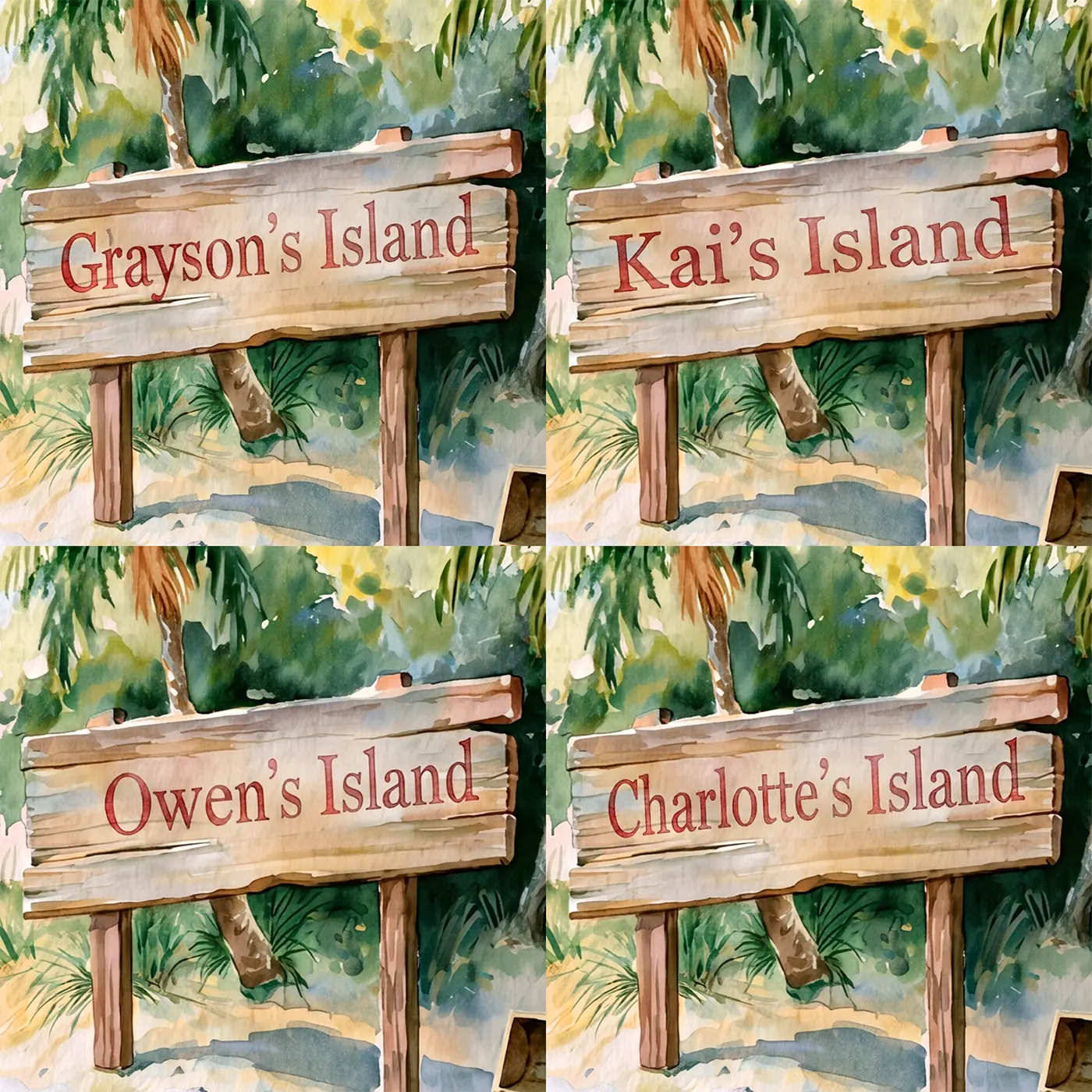 Four name preview examples of Sunny Treasure Island Personalized Wall Mural by Whimsy Tots