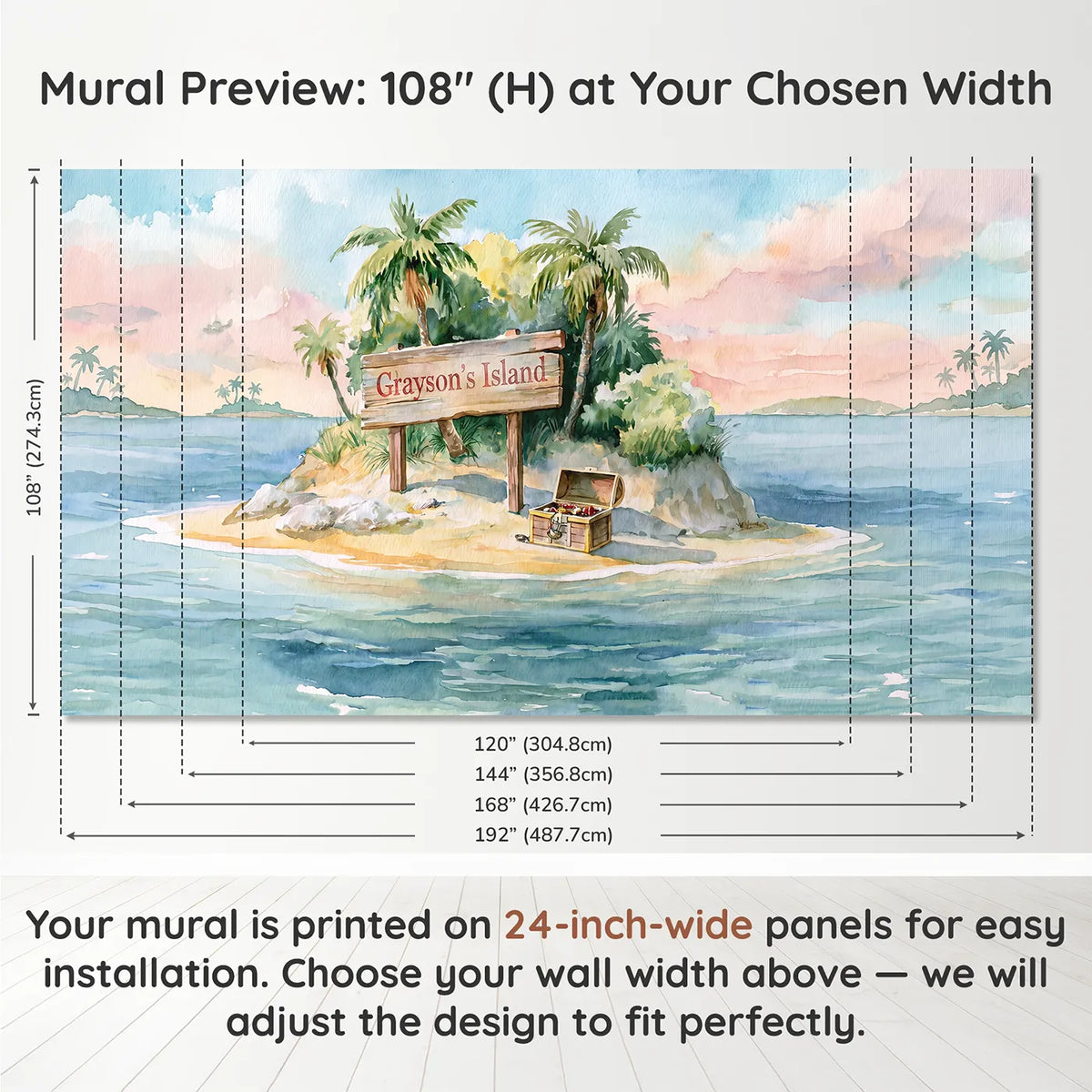 Panel layout and dimensions for Sunny Treasure Island Personalized Wall Mural by Whimsy Tots