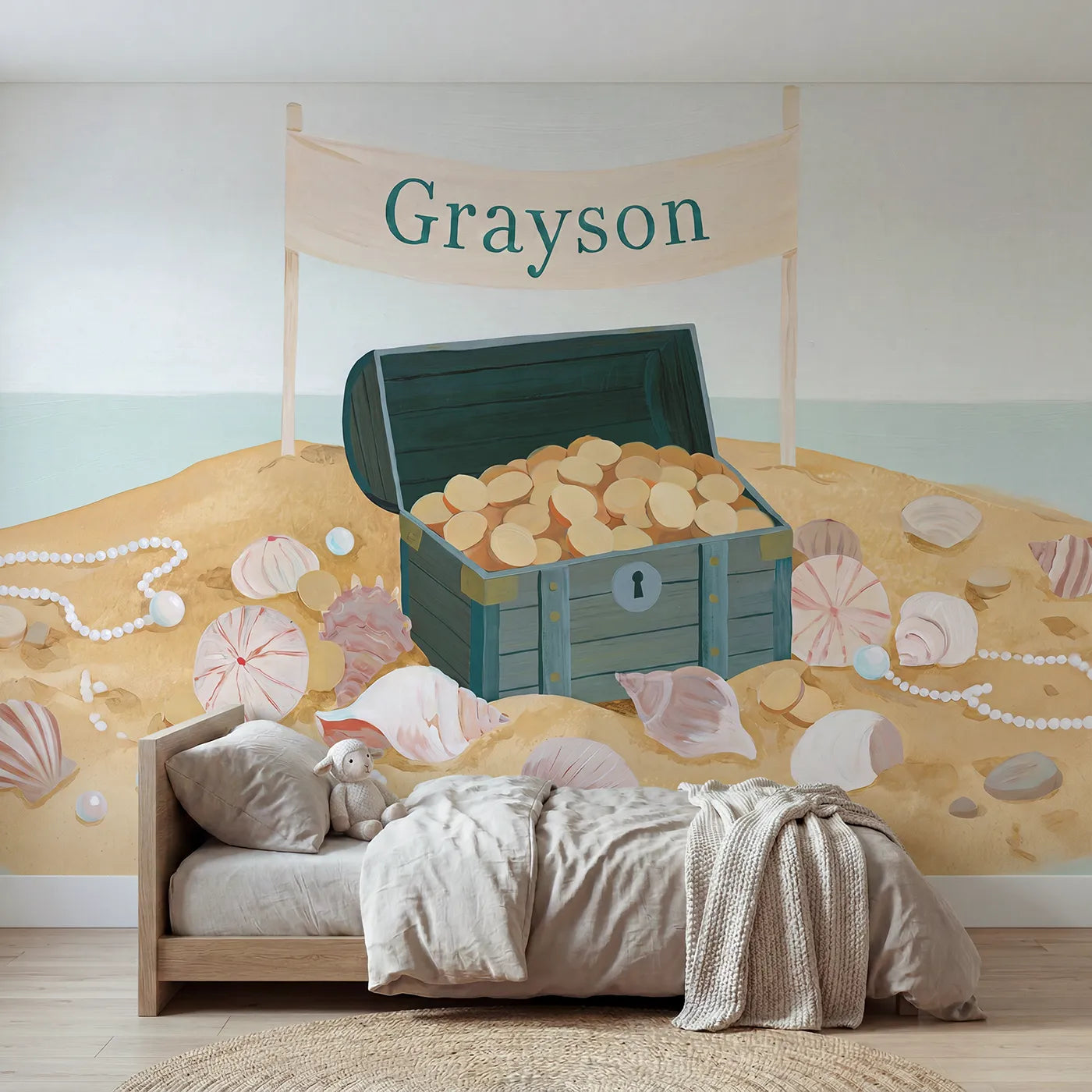 Modern illustration treasure chest of coins with a name banner, playroom mural by Whimsy Tots